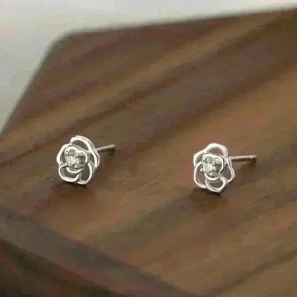 Dainty Small Sterling Silver 925 Rose Stud Earrings with Sparkling Center Stone - Picture 6 of 6